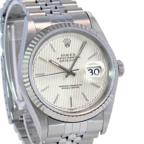 ROLEX DATEJUST UNISEX WATCH SILVER TAPESTRY INDEX DIAL FLUTED JUBILEE 16234 - Picture 1 of 7